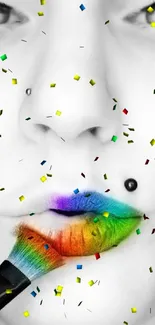 Monochrome face with rainbow lips enhanced by a colorful brush.