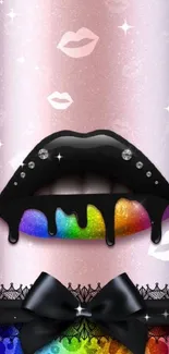 Stylish wallpaper with dripping rainbow lips and black lace accents.