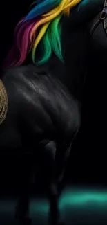 Black horse with a rainbow-colored mane on a dark background.