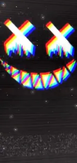 Colorful glitchy smiley face on a dark background.