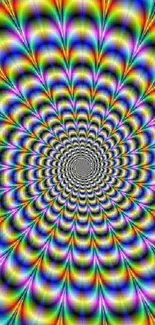 Mesmerizing rainbow optical illusion wallpaper with vibrant spiral patterns.