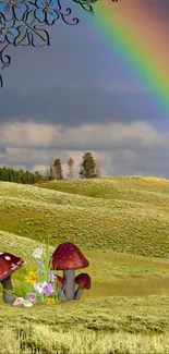 Green prairie with rainbow, mushrooms, and flowers under cloudy sky.