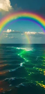 A vivid rainbow arches over a tranquil ocean scene under a vibrant sky.