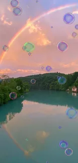 A serene lake scene featuring a rainbow, sky bubbles, and vibrant sunset hues.