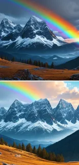 Rainbow arching over snowy mountain landscape with vibrant colors.