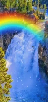 Colorful rainbow over a cascading waterfall.