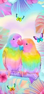 Rainbow parrots and butterflies in a tropical pastel scene.