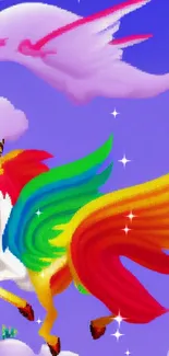 Colorful Pegasus with rainbow wings flying through purple clouds.