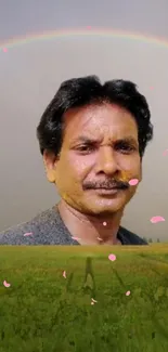 Portrait in green field under rainbow with pink petals.