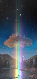 Rainbow beams under cloud over a mountain landscape.