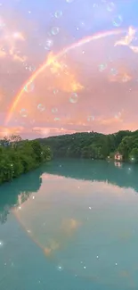 A rainbow arches over a peaceful lake with a scenic view.