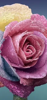 Close-up of a vibrant rainbow rose with dewdrops, showcasing pink and purple hues.