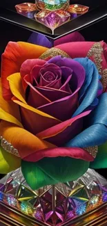 Vibrant rainbow rose atop a crystal stand, perfect for mobile wallpaper.