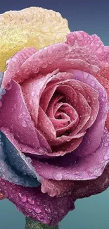 Vibrant rainbow rose with water droplets on petals.