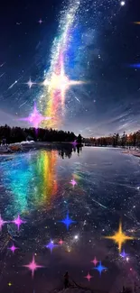 Rainbow reflecting on a tranquil lake under a starry sky.