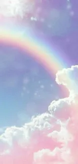 Pastel rainbow and clouds in a soft sky background.