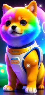 Cute digital rainbow dog in space setting wallpaper.