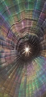 Iridescent spider web with vibrant colors glowing from the center.