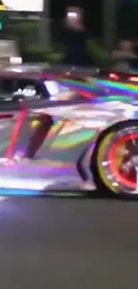 Holographic sports car with rainbow effect driving on street.