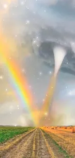 Tornado with rainbow over rural field, dramatic sky in the background.