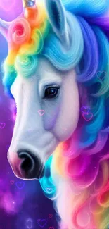 Vibrant rainbow unicorn art on galaxy background.