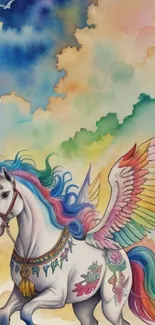 Artistic unicorn with rainbow wings in pastel clouds.