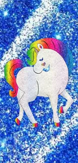 Rainbow unicorn on blue glitter background.