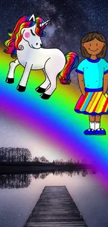 Unicorn and girl on rainbow against starry night sky wallpaper.