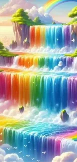 Colorful rainbow waterfall in fantasy landscape with vibrant scenery.