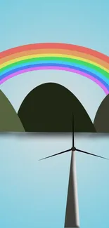 Mobile wallpaper with rainbow, hills, and windmill on a sky blue background.