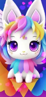 Vibrant rainbow creature with wings and big eyes on mobile wallpaper.