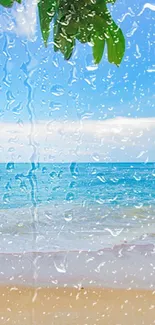 Raindrops on a window overlooking a serene beach and ocean scene.