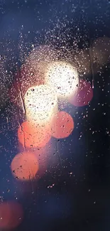 Raindrop bokeh wallpaper with blurred city lights on a rainy window.