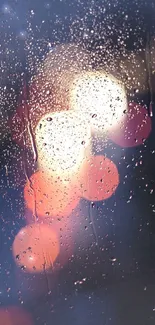 Bokeh effect wallpaper with raindrops on a glass surface and soft ambient lights.