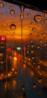 Raindrops on glass with a vibrant city sunset view.