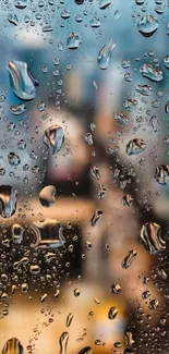 Raindrops on a window with a blurred city in the background, creating a serene aesthetic.