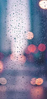 Raindrops on a window with city lights in the background at night.