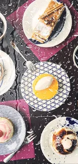 Table of assorted desserts under raindrops.