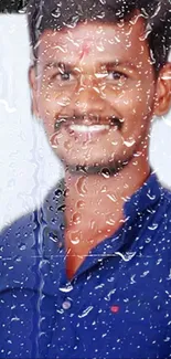 Wallpaper with portrait and raindrop effect in blue tones.