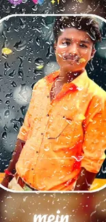 Portrait with raindrop effect on orange background.