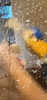 Mobile wallpaper with raindrops on blurry background.