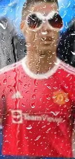 Creative wallpaper of a football player with raindrops and black wings.