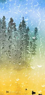 Raindrop-covered forest silhouette with blue and yellow hues.