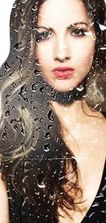 Elegant woman behind raindrop covered glass, stylish wallpaper.