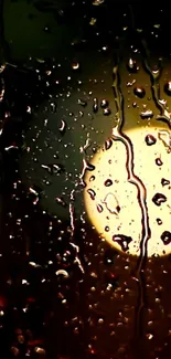 Raindrops on glass with a luminous yellow glow, creating a serene night ambiance.