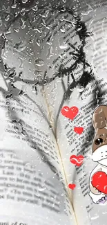 Heart shape with raindrops on a book and a dog holding red hearts.