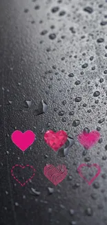 Mobile wallpaper with heart designs on a raindrop background in charcoal gray.