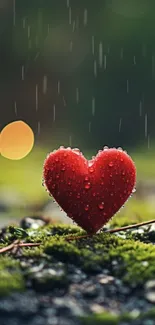 Heart covered in raindrops on mossy ground, nature scene.