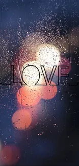 Love design with raindrops on glass, illuminated by soft bokeh lights.