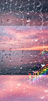 Raindrops on glass with colorful sunset scene.